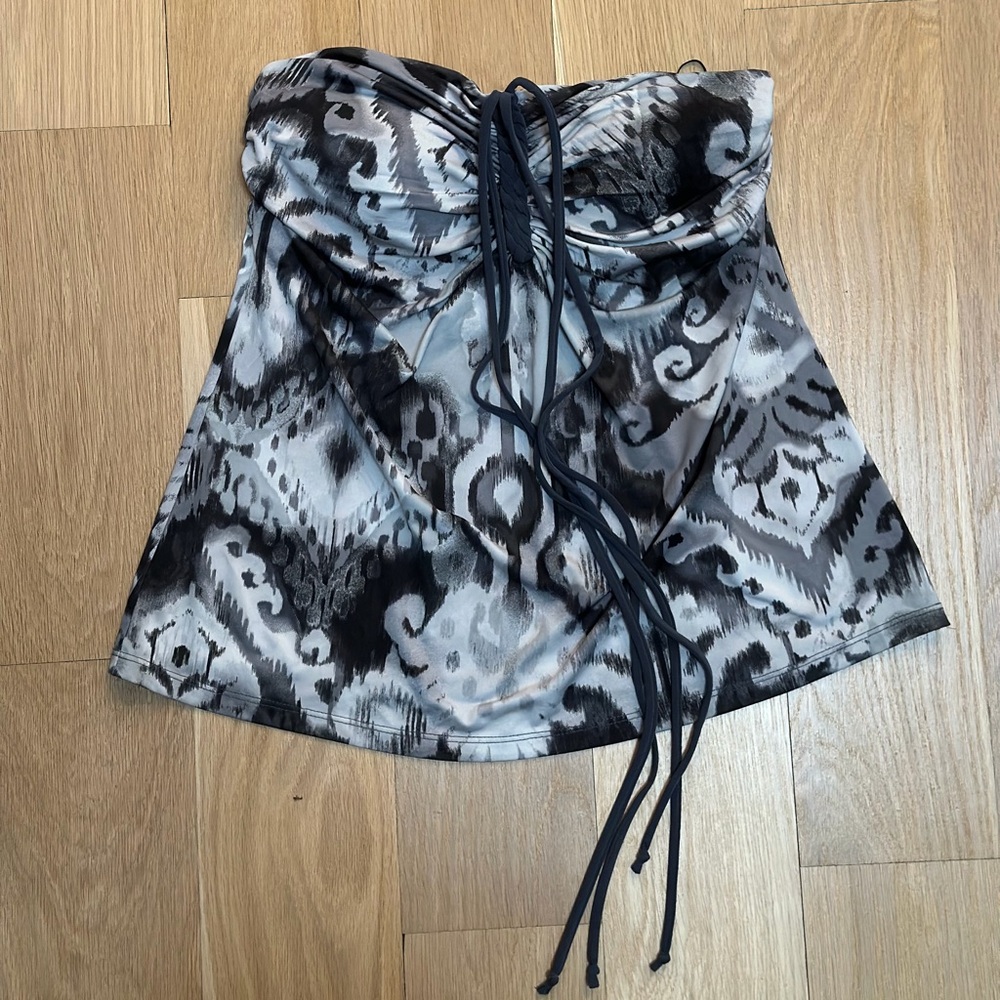 Cache Women’s Black and Gray Patterned Tube Top Blouse Size M